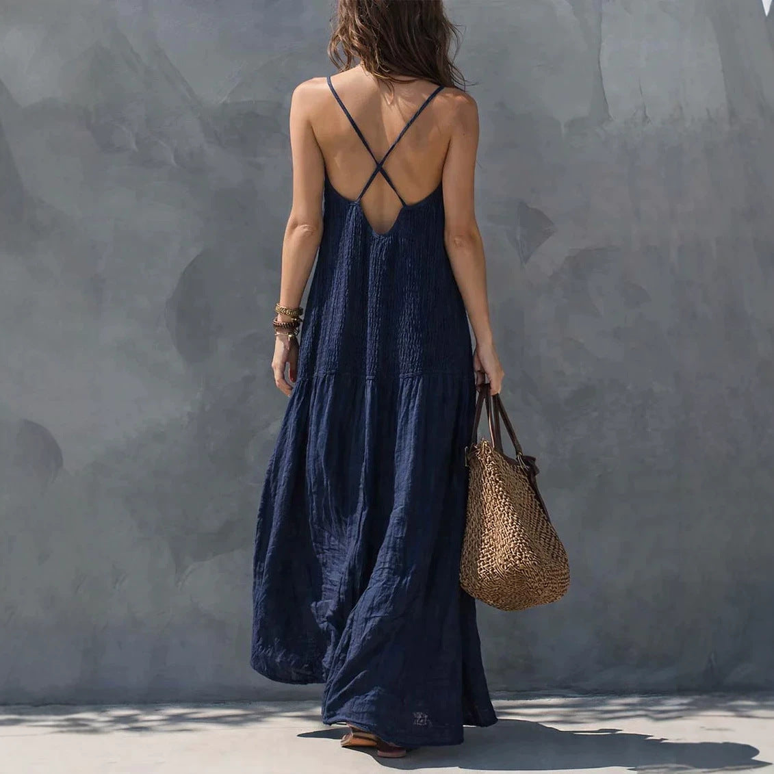 Retro Bohemian Style Backless Smocking Design Strap Long Dress