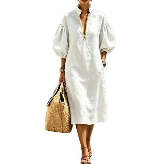 Women's Casual Loose Lapel Puff Sleeve Half Dress