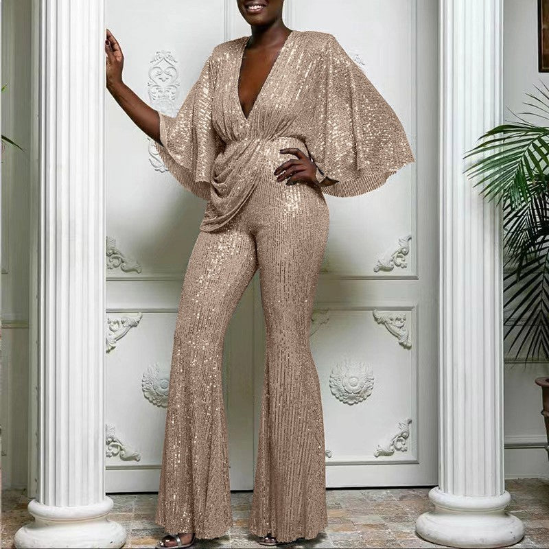 Women's Versatile Sequined Deep Backless Trousers Jumpsuits