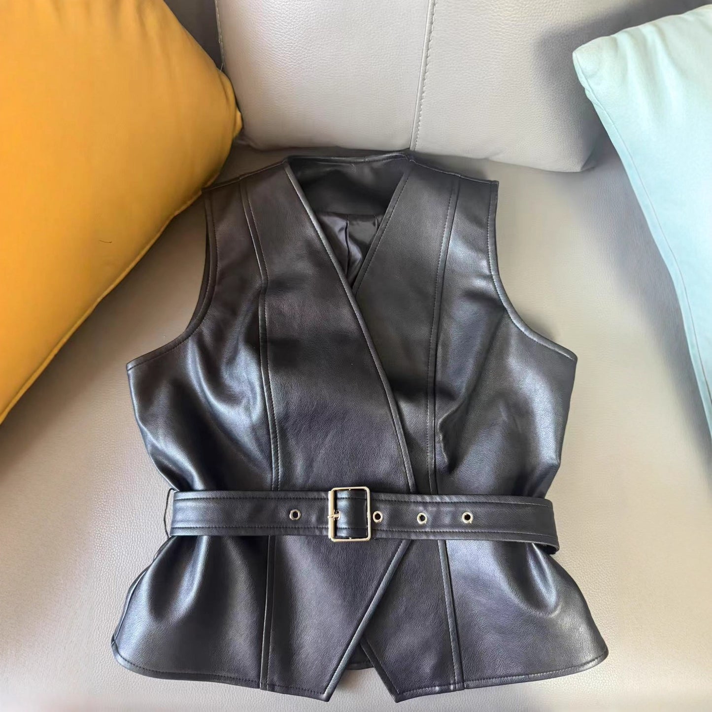 Women's Black Leather Sleeveless Slim Adjustable Belt Bandage Dress Basic Vests