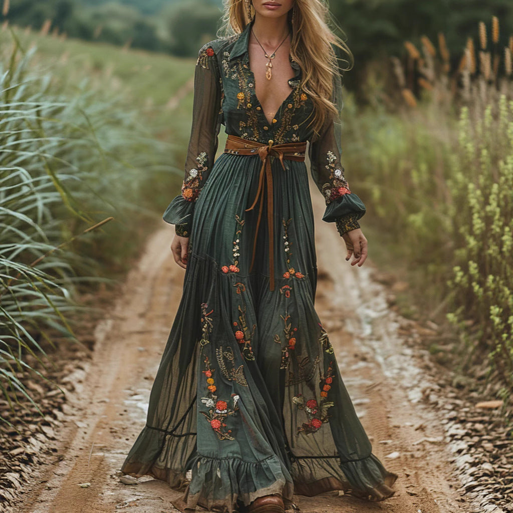 Autumn Retro Pastoral Style Printed Long-sleeved Dresses