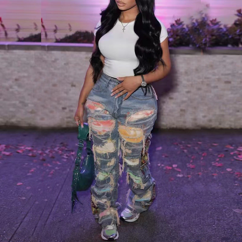 Women's Christmas Printed Ripped Leisure Denim Trousers Jeans