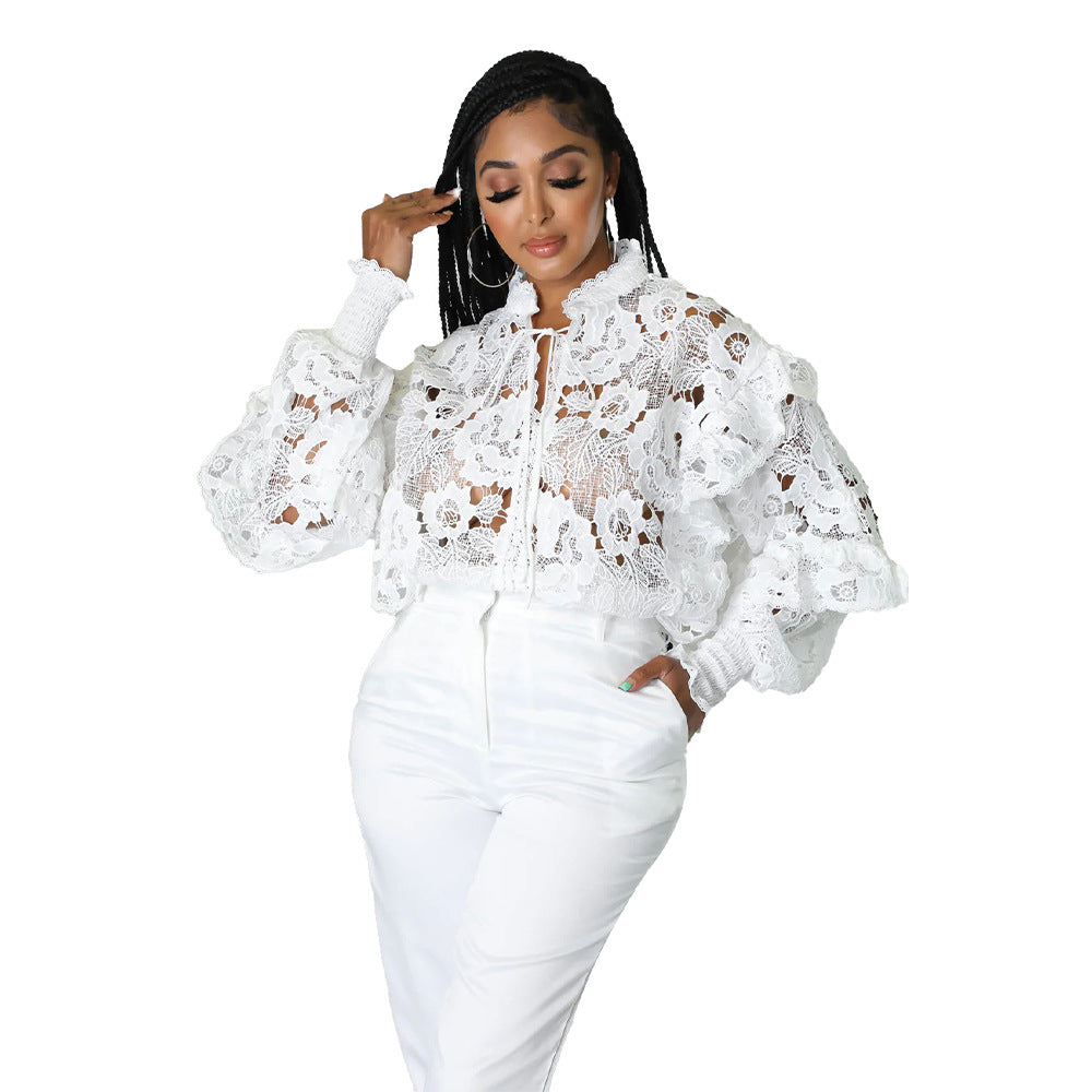 Women's Flounce Trim Lace Up Lantern Sleeve Coats