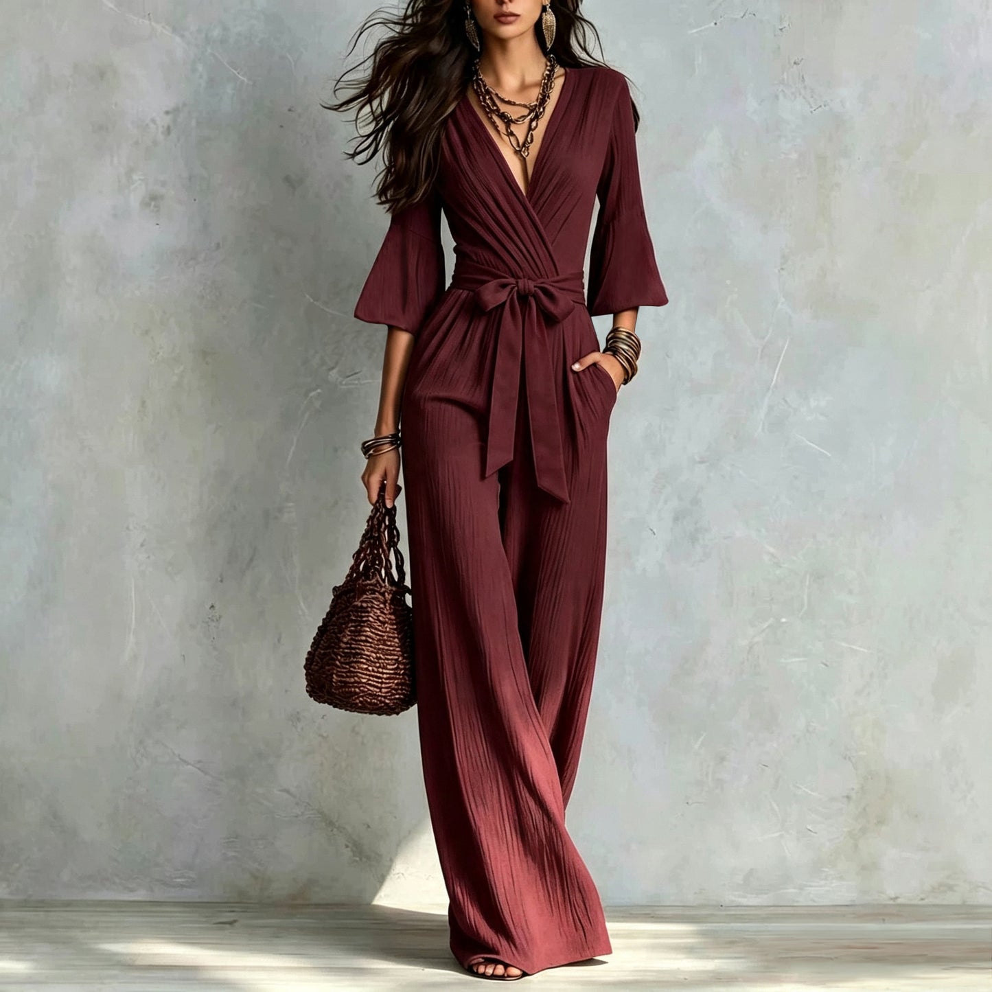 Deep V Puff Sleeve One-piece Female Belt Jumpsuits