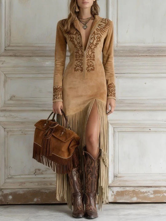 Charming Slim Fit Embroidered Tassel Dress Dresses