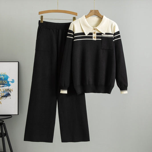 Striped Loose Wide Leg Knitted Two-piece Fashion Casual Suit