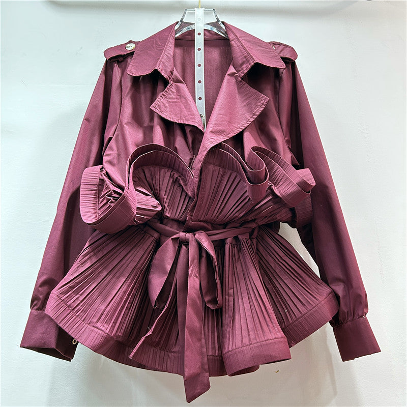 Khaki Collar Pleated Stitching Design Long Blouses