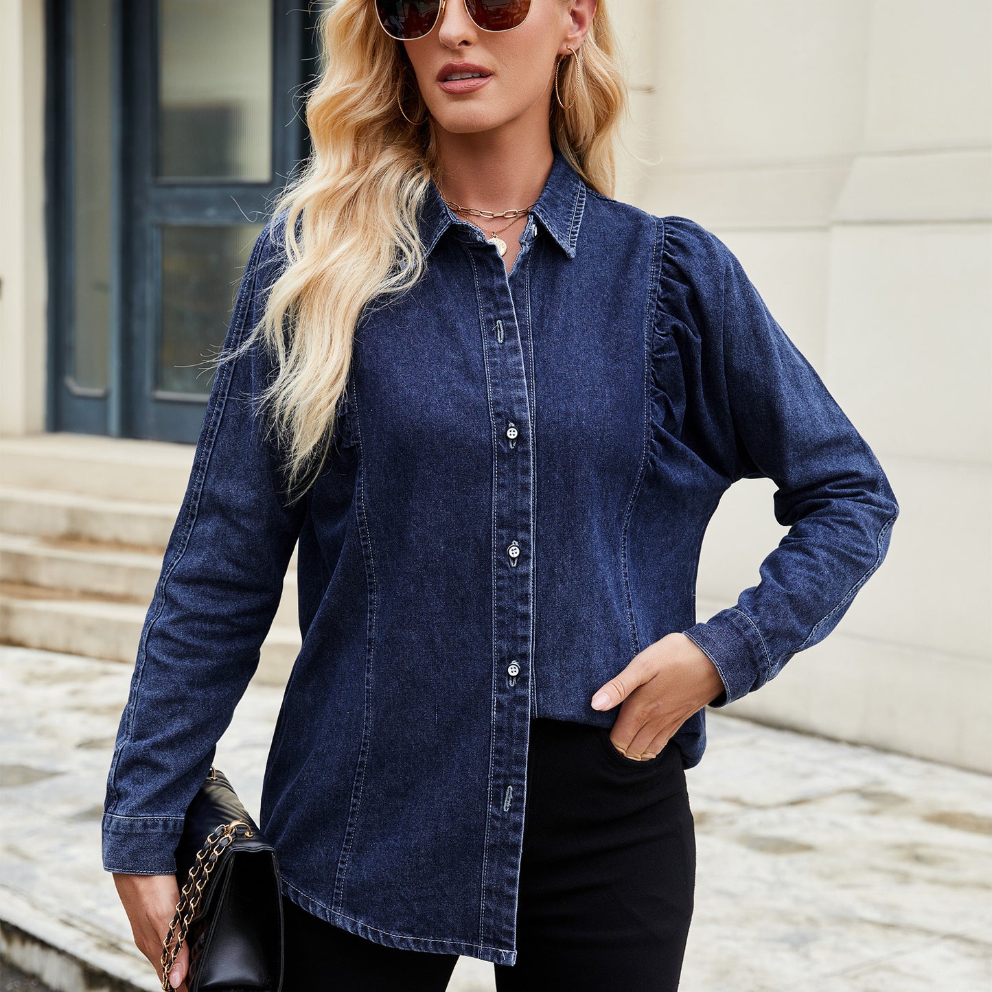 Women's Washed Shrug Denim Long Sleeve Shirt Blouses