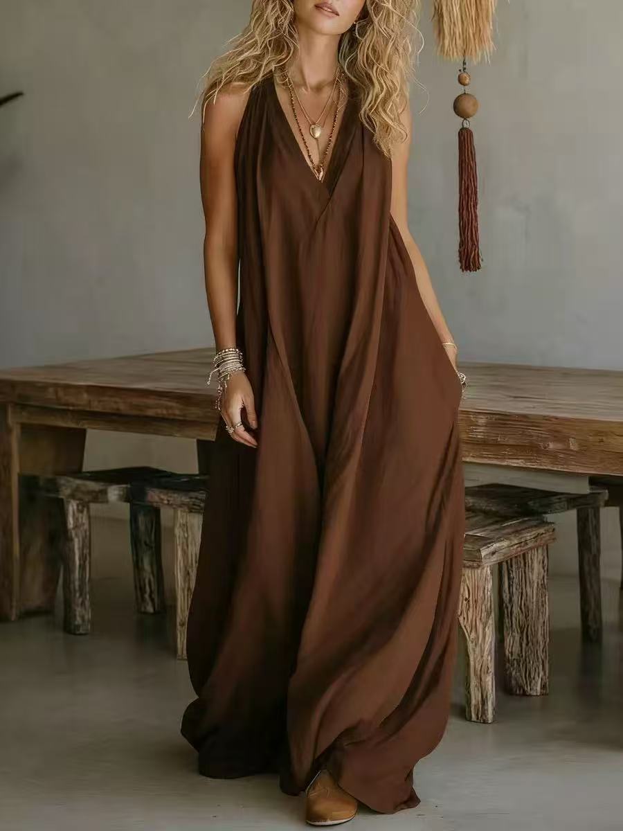 Women's Casual Sleeveless Loose Pockets Cotton Linen Jumpsuits