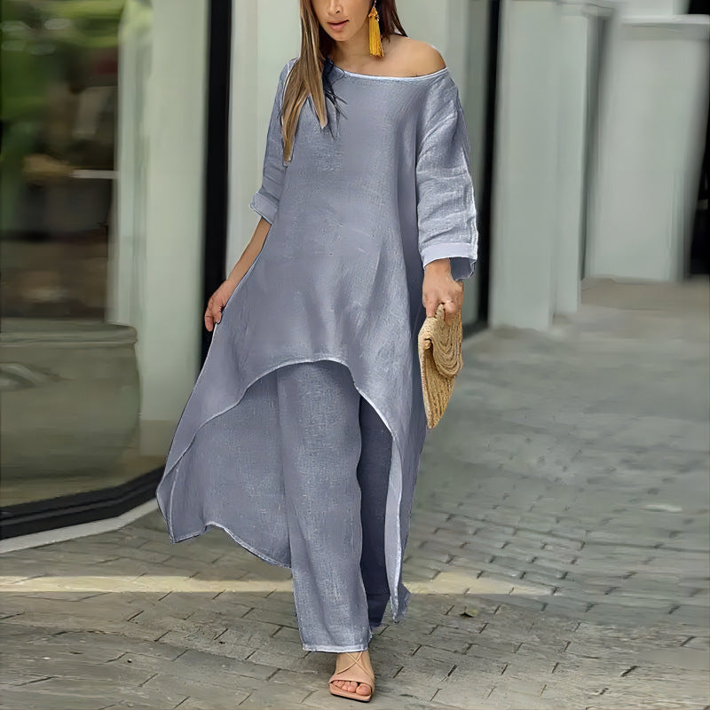 Women's Cotton Linen Irregular Long Sleeve Wide Leg Suits