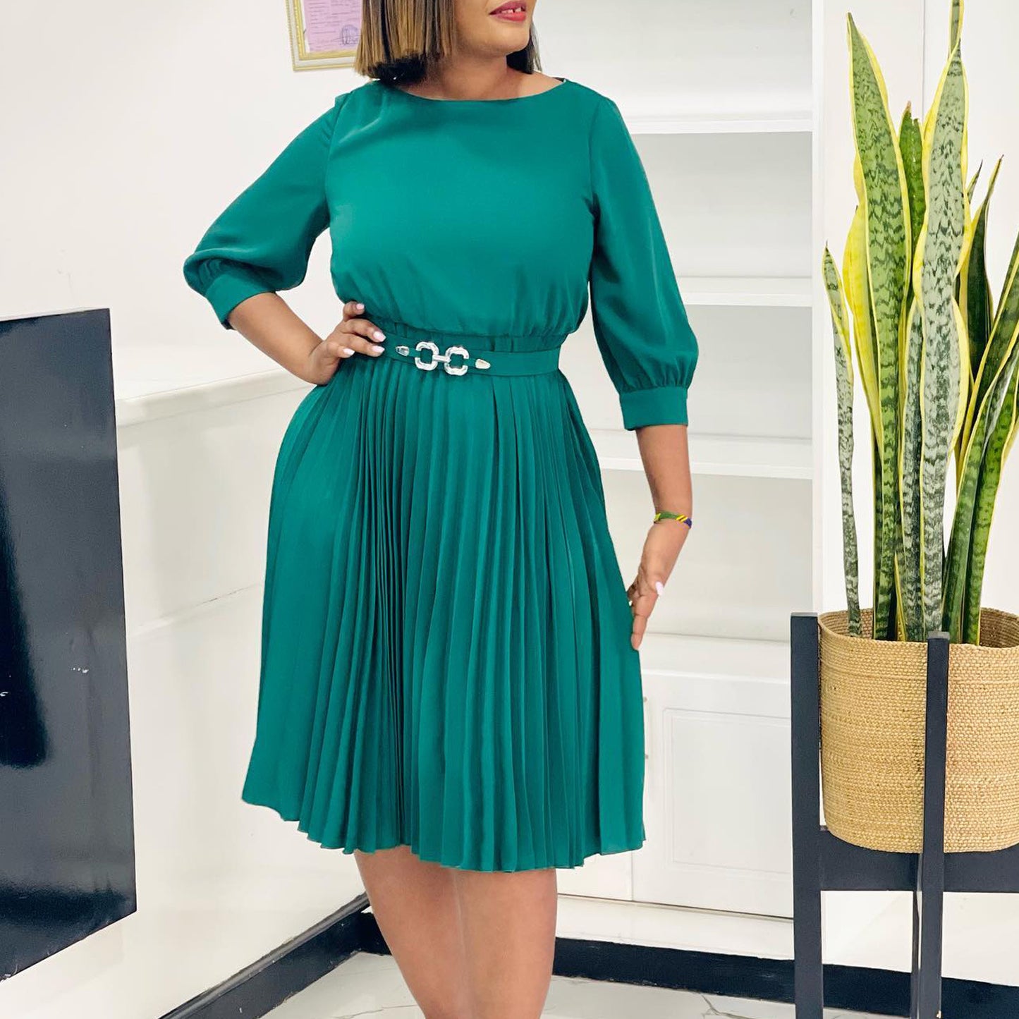 Women's Graceful Fashionable Elegant Round Neck Sleeves Pleated Dress