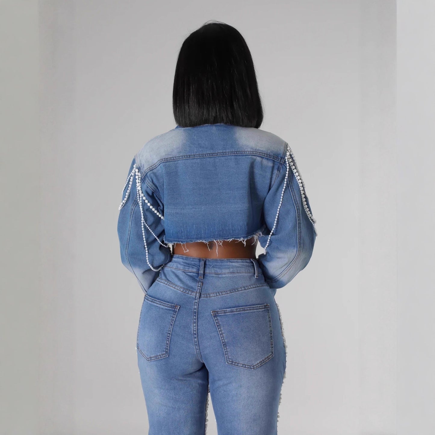Women's Denim Fashion Pearl Chain Handmade Beaded Jackets