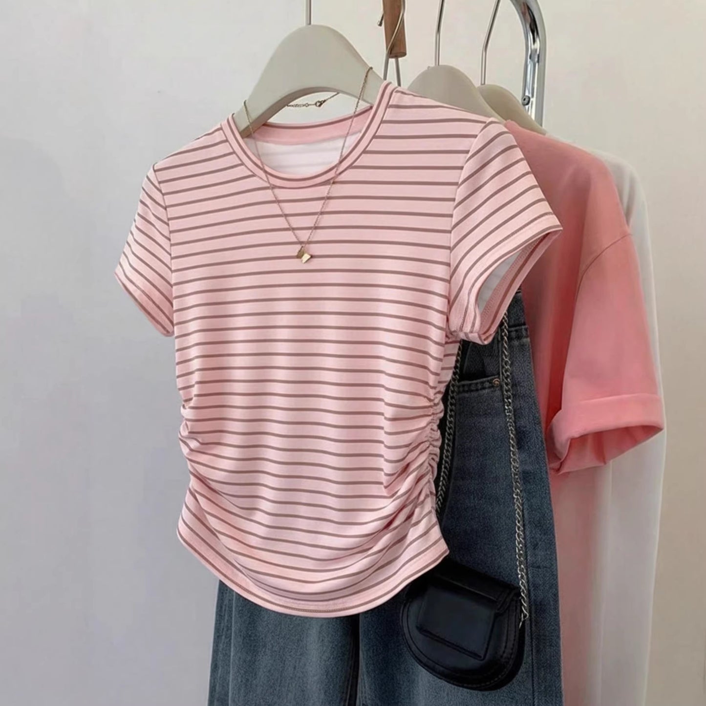 Women's Summer Casual Round Neck Sleeve Waist Women's T-shirt