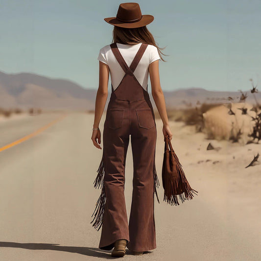 Women's Retro Western Suede Fringed Overalls Trousers Pants
