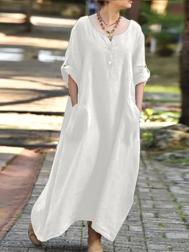 Women's Casual Loose Long Sleeve Pocket Party Cotton Linen Dress