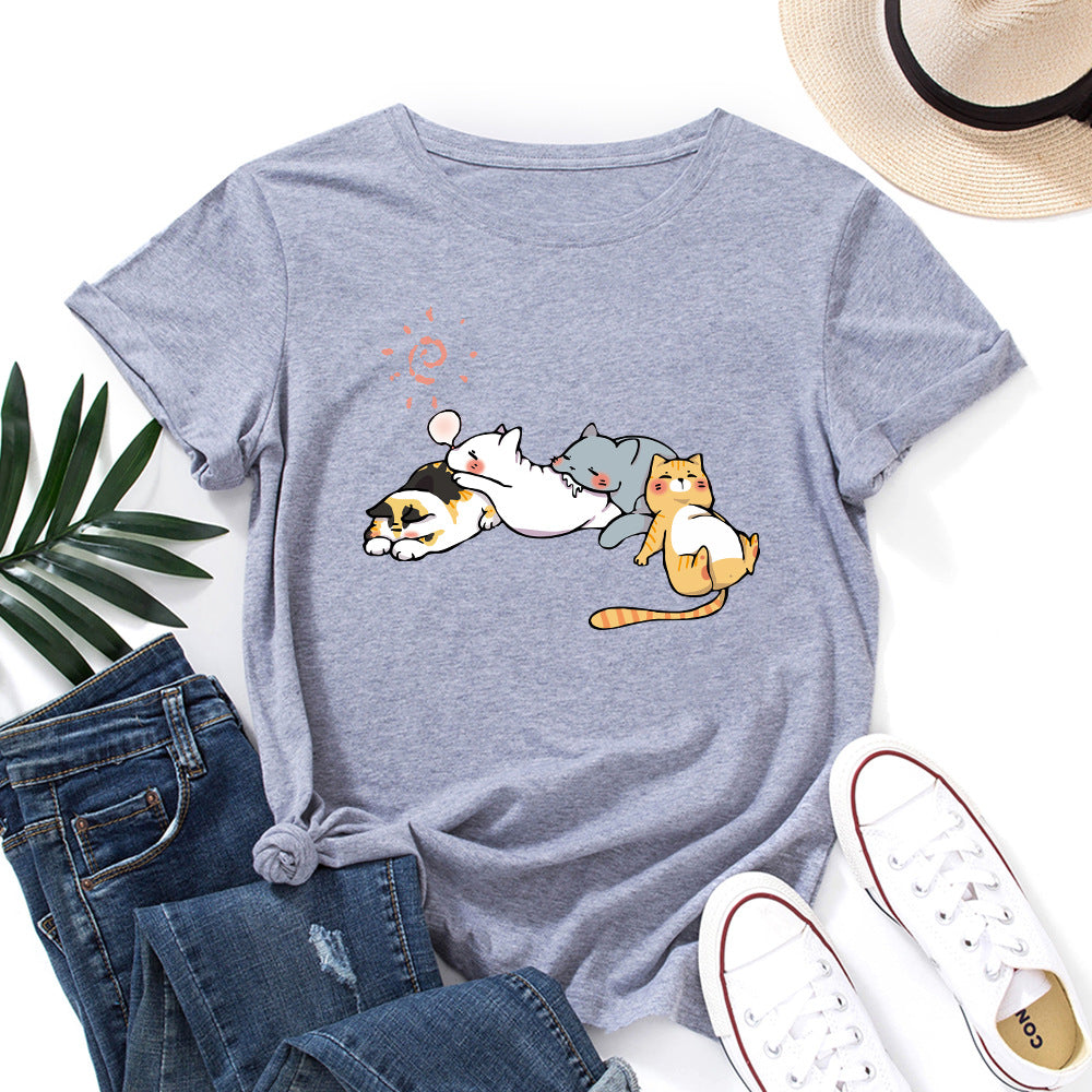 Women's Sleeping Cat Printing Loose Round Neck Sleeve Women's T-shirt
