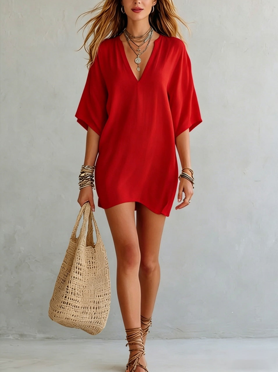 Women's Loose Solid Color T-shirt Vacation Style Dress