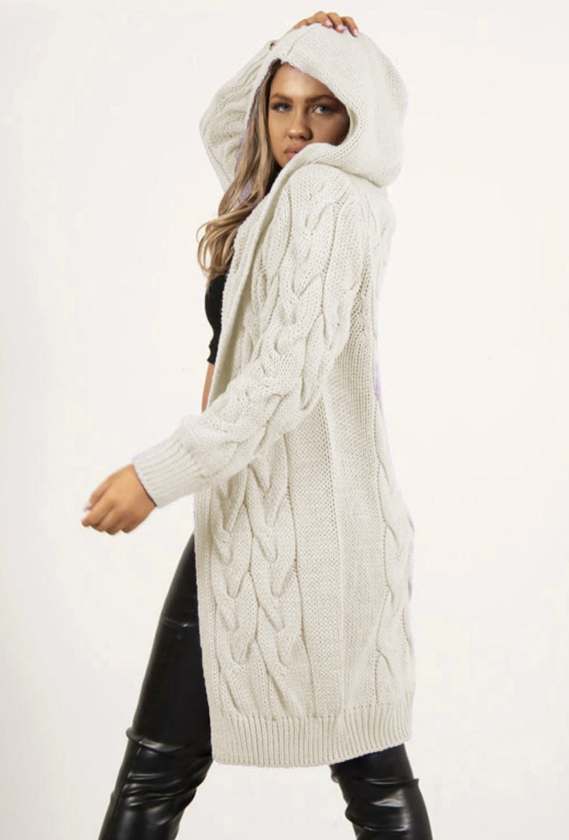 Women's Large Long Hooded Knit For Knitwear