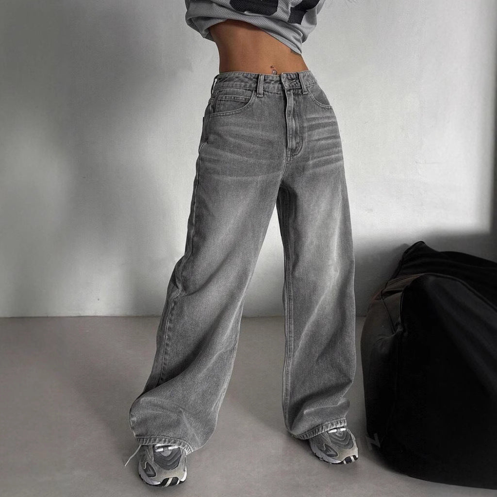 Gray High Waist Fashion Street Design Loose Jeans