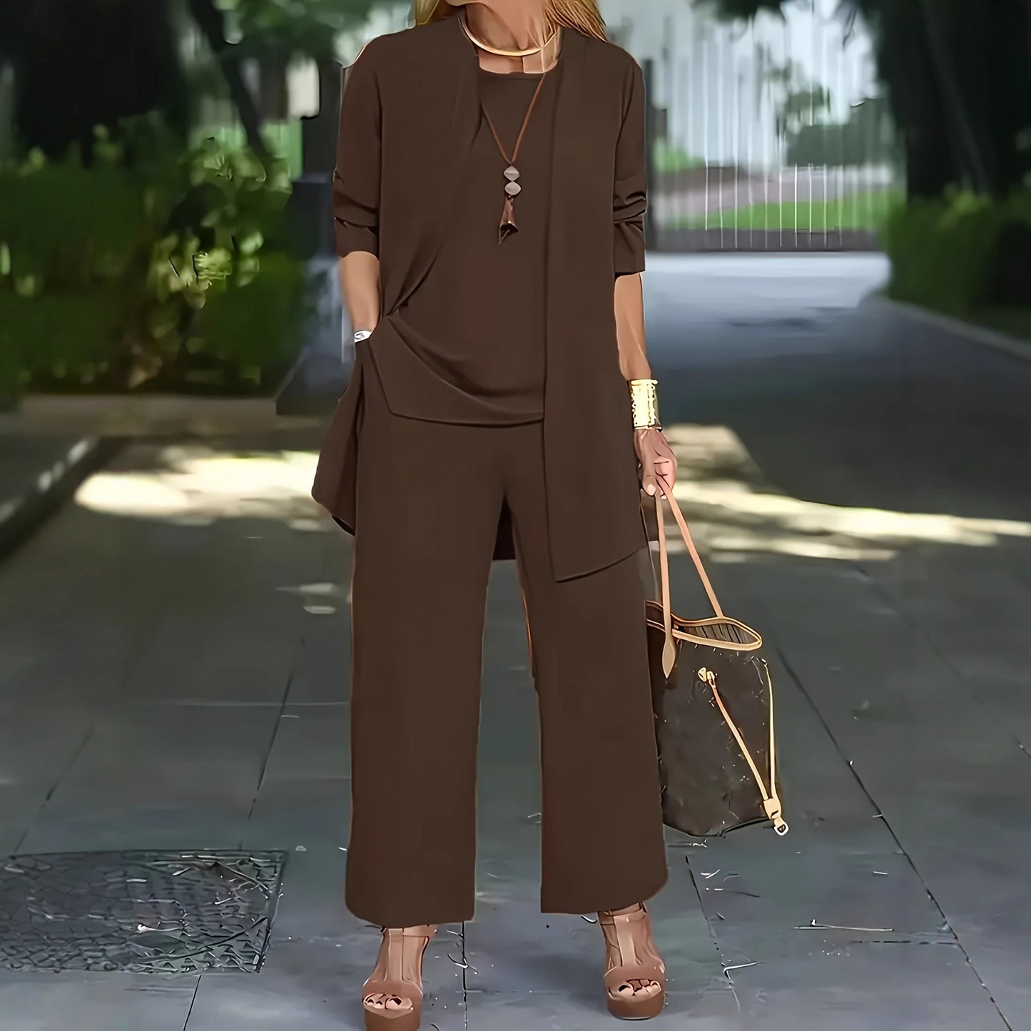 Women's Color Leisure Commute Trousers Long Sleeve Three-piece Set Fashion Casual Suit