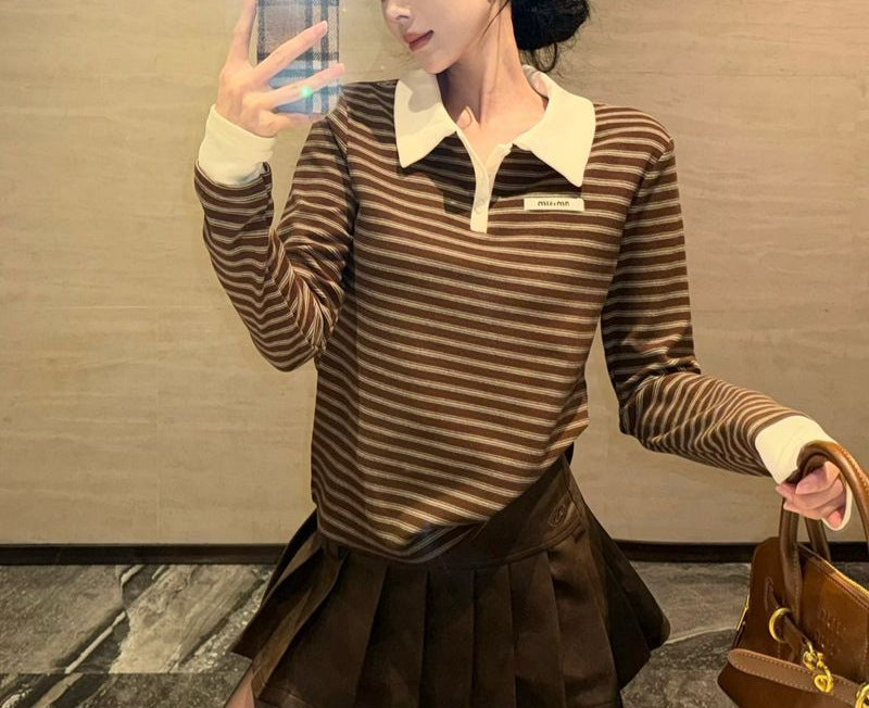 Women's Color Fashionable Art Stripes Brushed Thickened Blouses