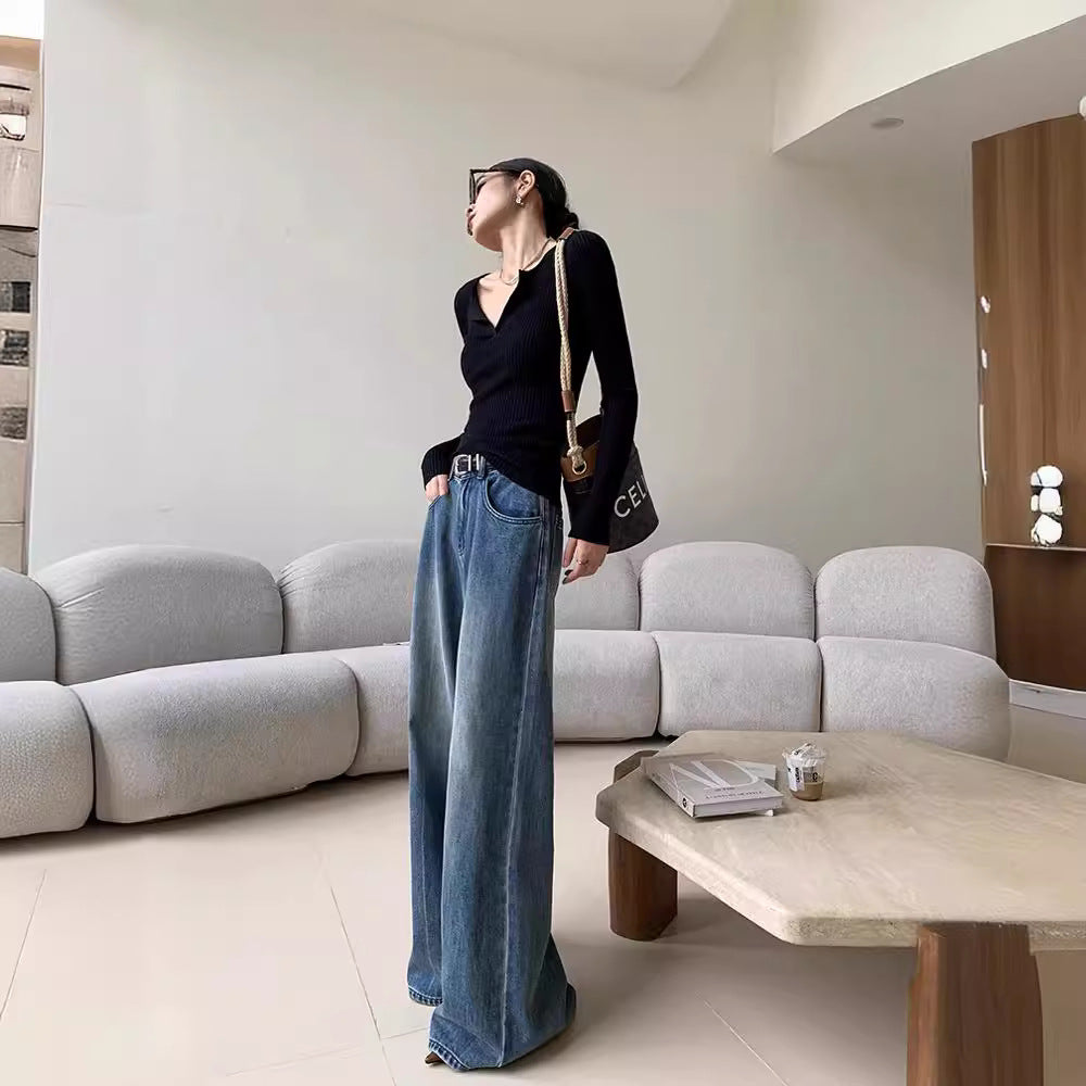 Women's Blue Washed Casual Mop Straight Loose Jeans