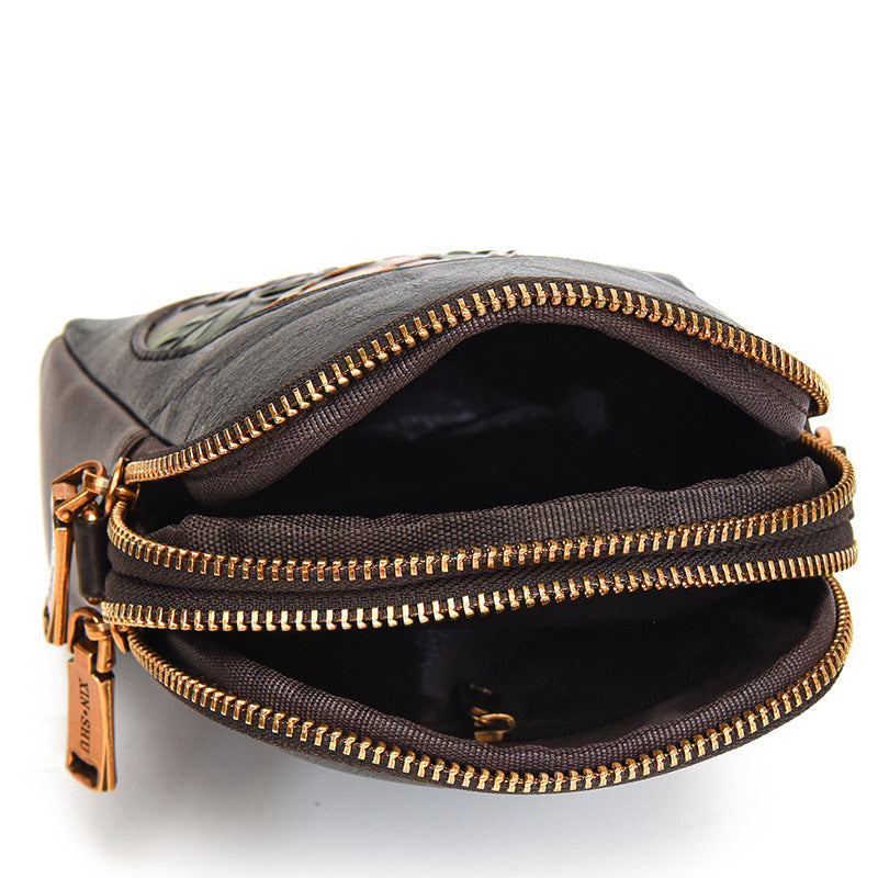 Women's Beautiful Ethnic Leather Carved Peony Phone Bags