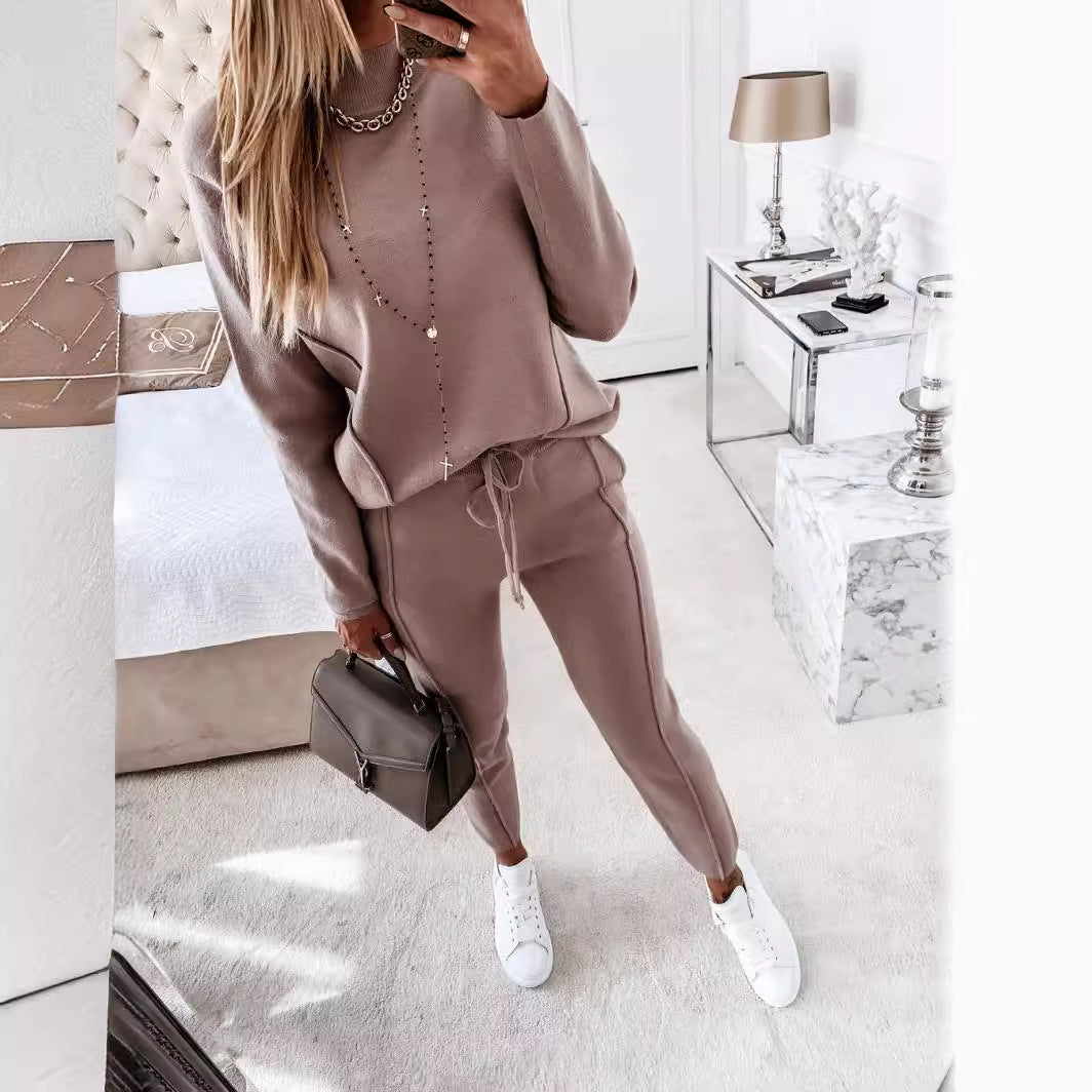 Women's Turtleneck Long Sleeve Pocket Trousers Two-piece Suits