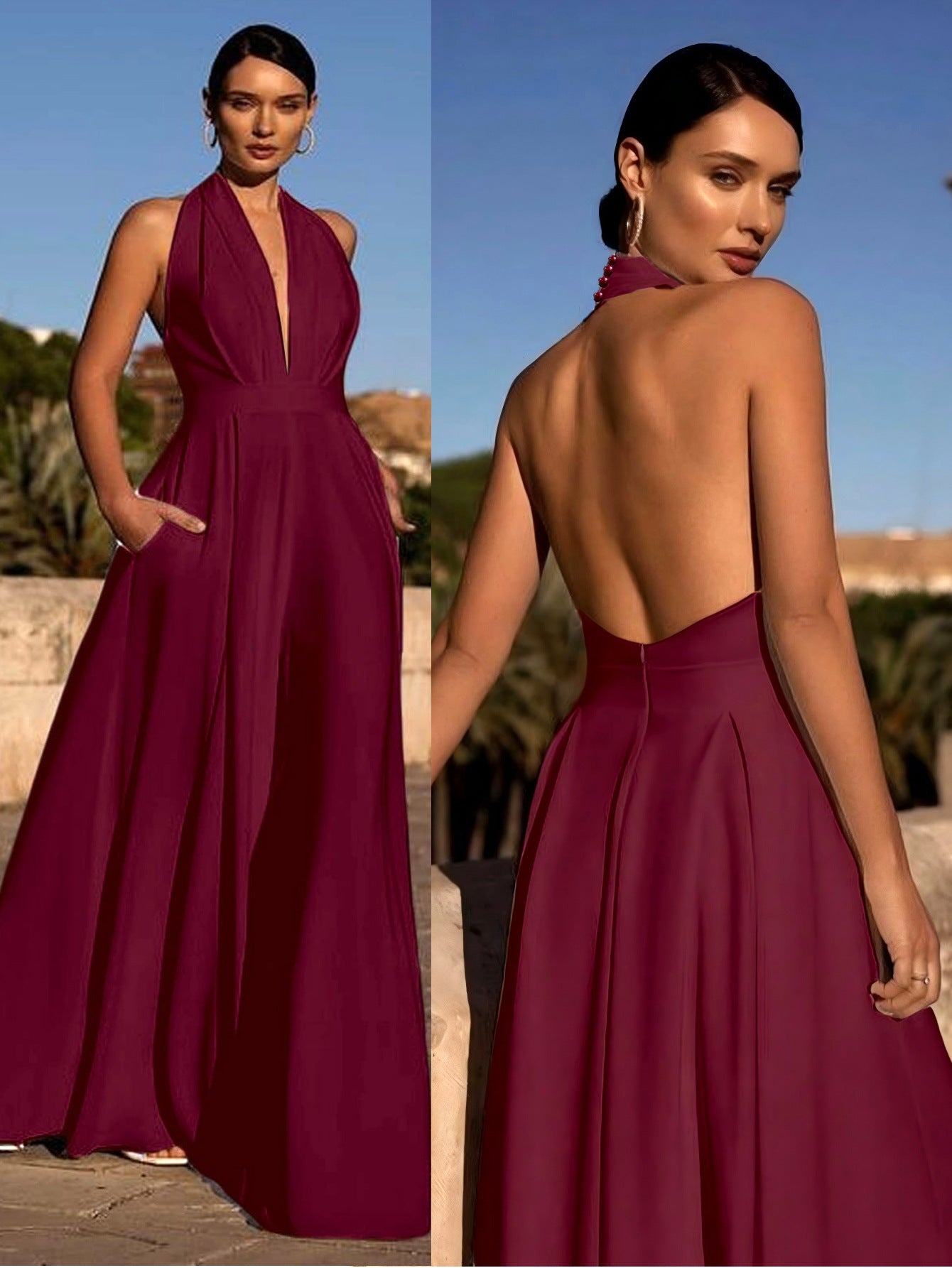 Women's Sleeveless Halter Solid Color Wide Leg Jumpsuits