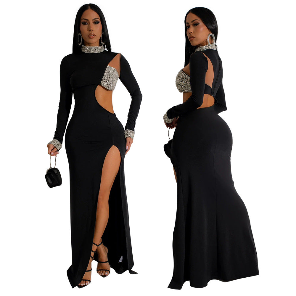 Women's Rhinestone Long Sleeve High Slit Dress Dresses