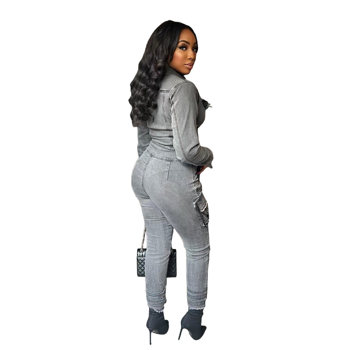 Women's Elegant Denim Stretch Slim Belt Jumpsuits