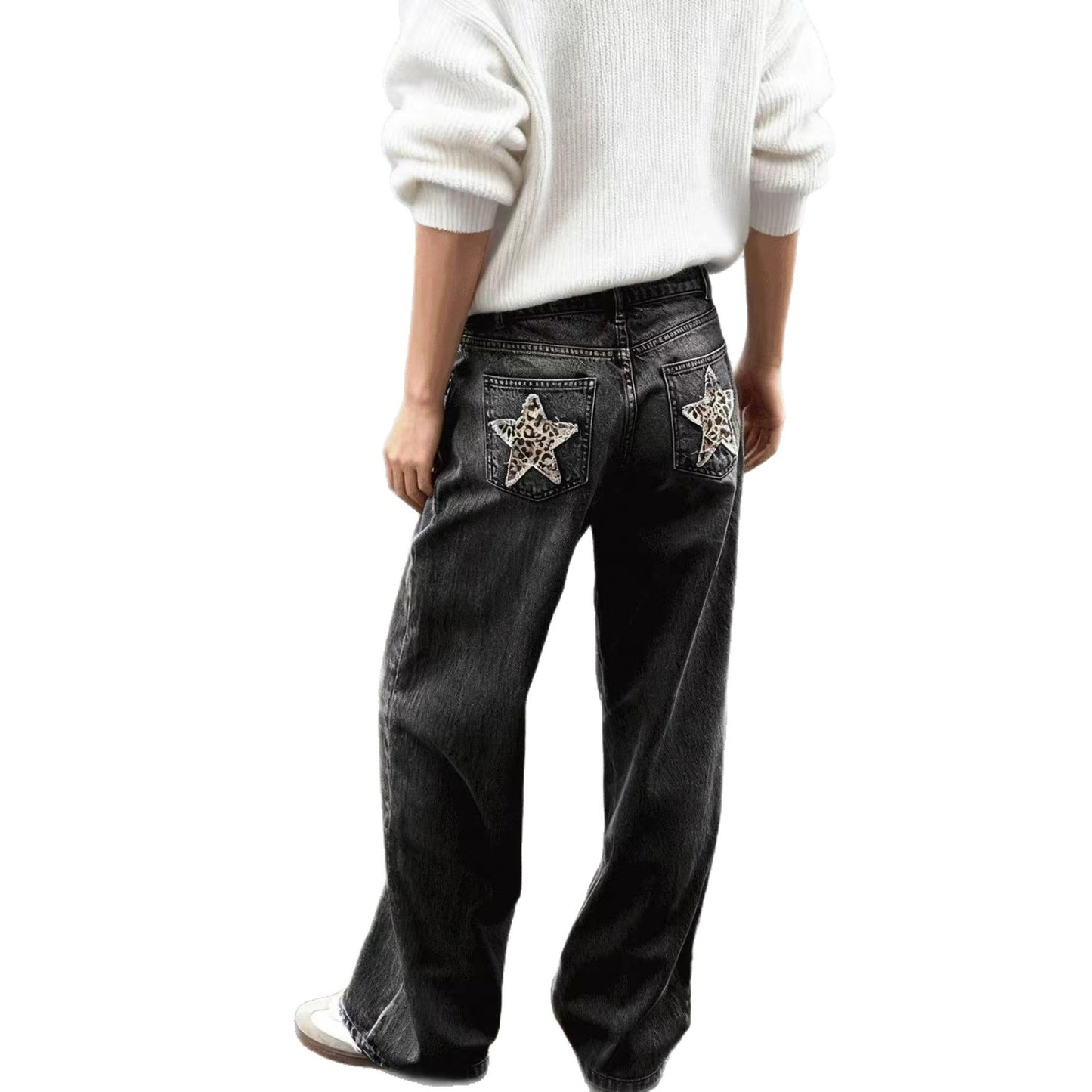 Women's Fashion Leopard Print Pocket Design Women's Jeans