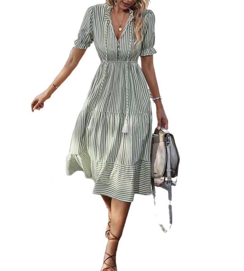 Women's Striped Elastic Waist Sleeve Expandable Dress
