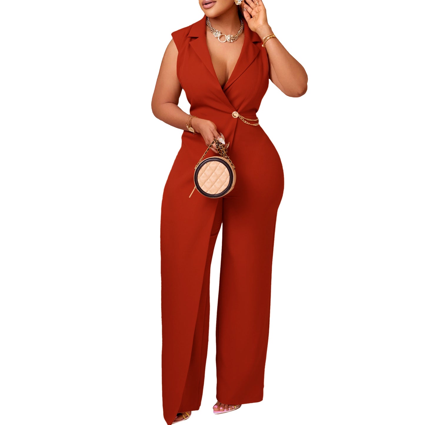Women's Collar Tight Waist Chain Loose Wide Women's Jumpsuit/clothing