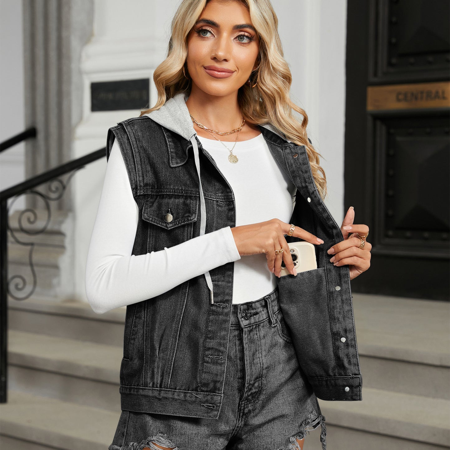 Durable Women's Washed Hooded Denim Waistcoat Tops