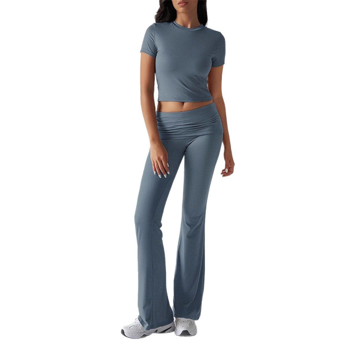 Women's Solid Color Short-sleeved High Waist Trousers Fashion Casual Suit