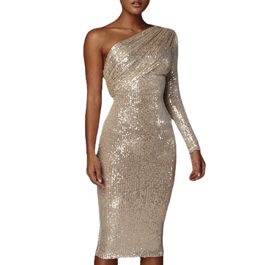 Women's Dress Diagonal Collar Fashionable Sequins Nightclub Dresses