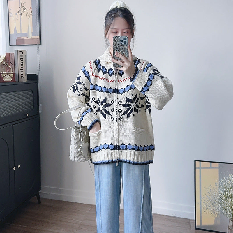Women's Snowflake Jacquard Atmosphere Loose Zip Lapel Sweaters
