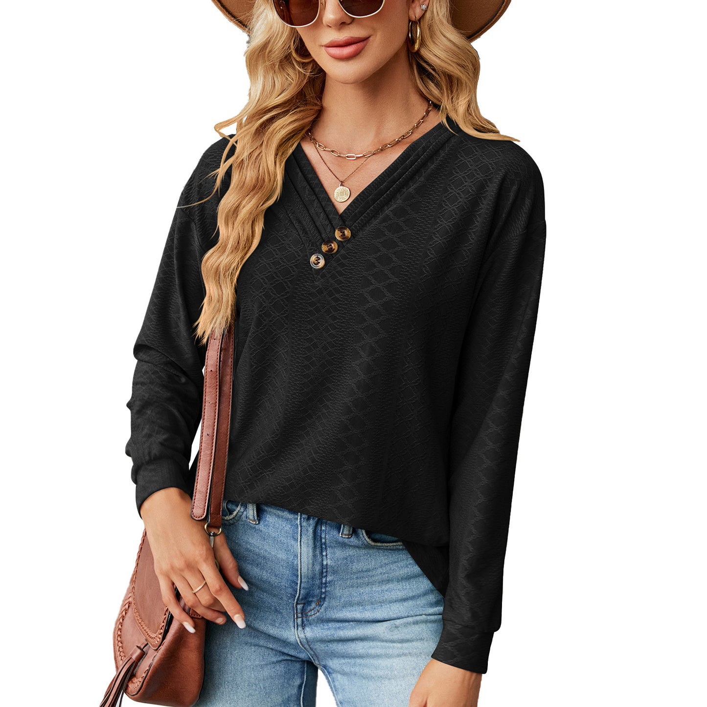 Women's Solid Color Button Loose Long-sleeved Clothing