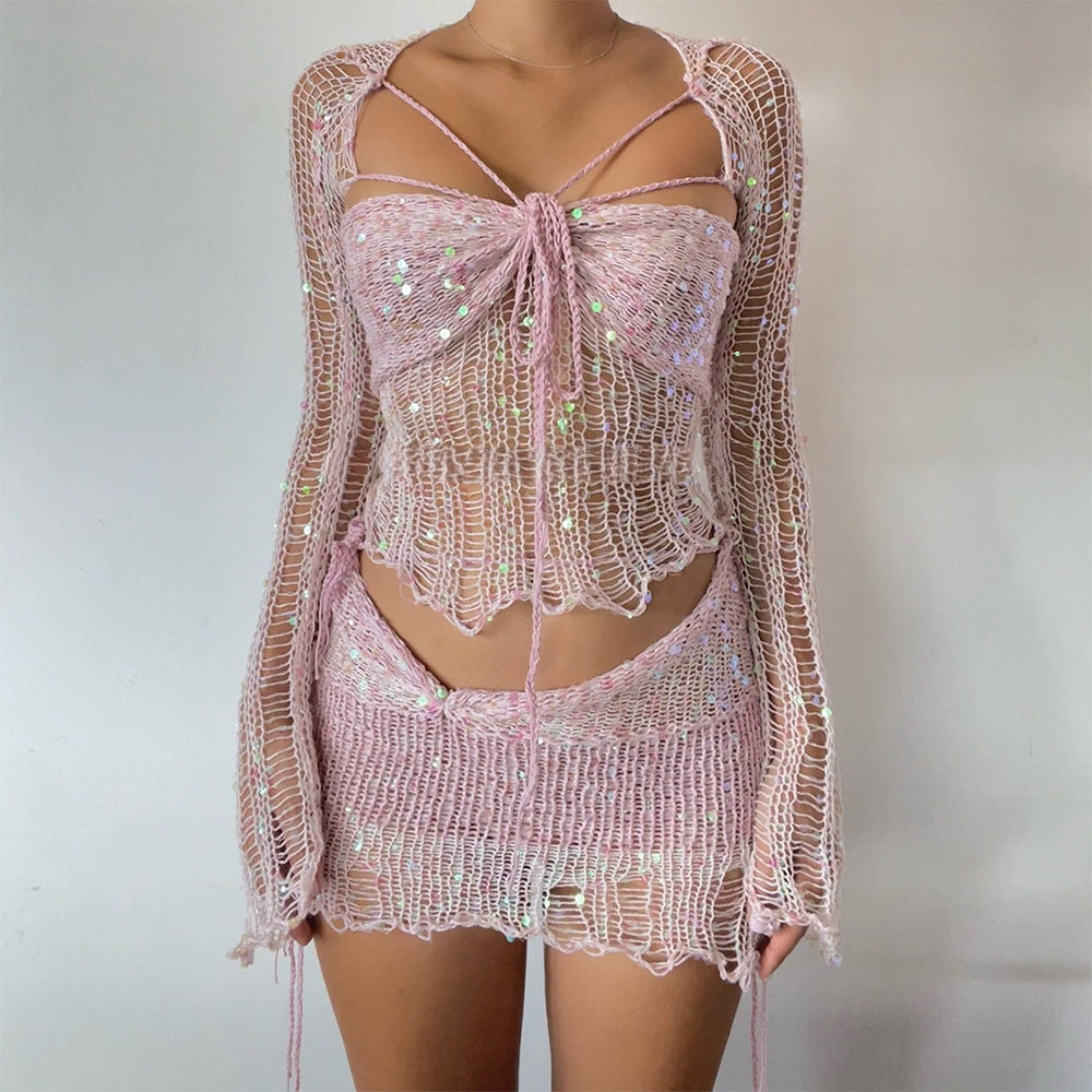 Comfortable Creative Women's Sequin Knitted Three-piece Fashion Casual Suit