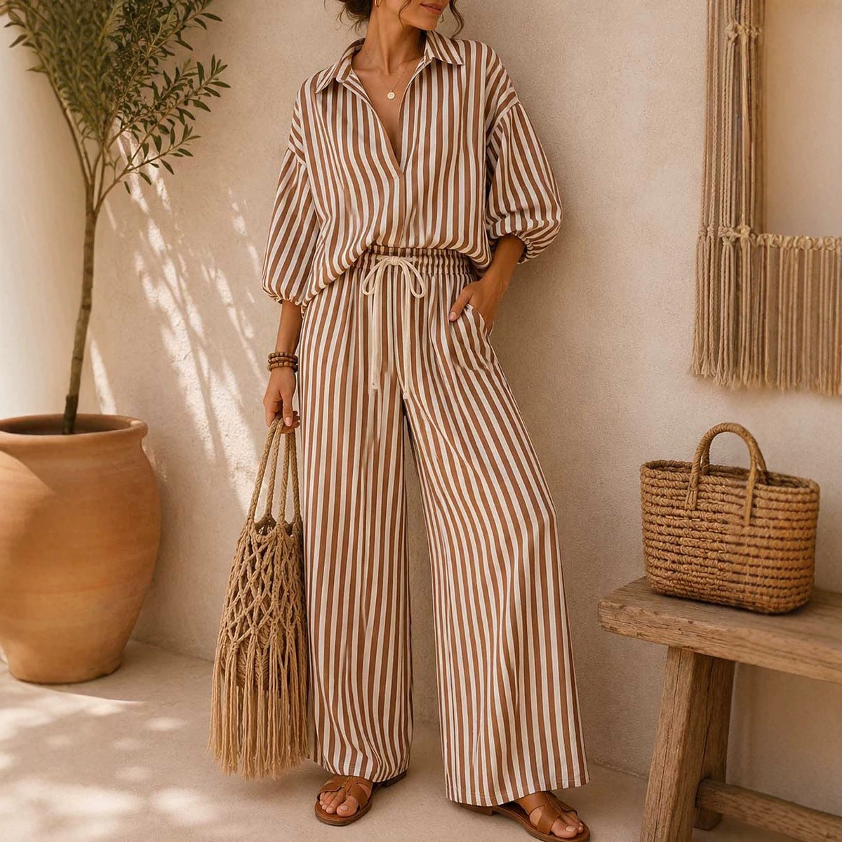 Women's Summer Striped Long-sleeved Loose Two-piece Fashion Casual Suit