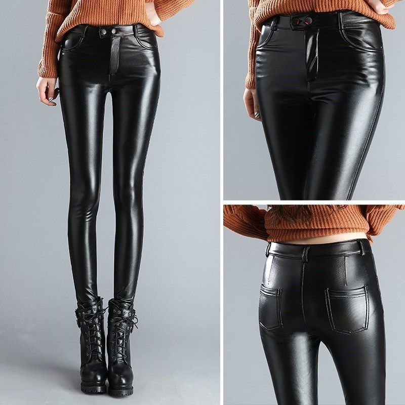 Women's Leather Fleece-lined Thick High Waist Elastic Pants