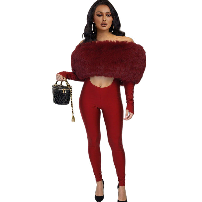 Women's Furry Stitching Sexy Long Sleeve Jumpsuits