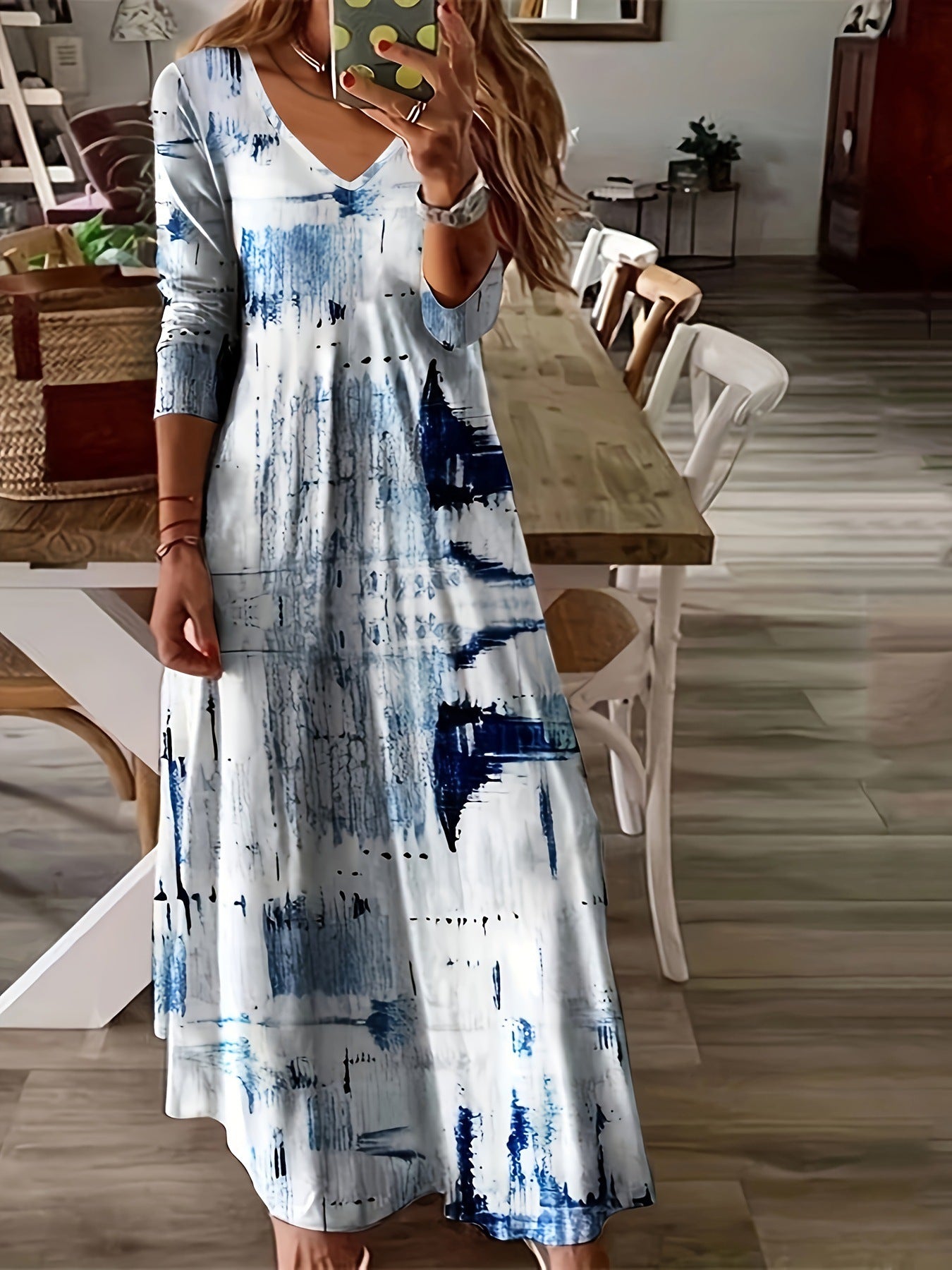 Women's Temperament Printed Long-sleeved Large Swing Dress