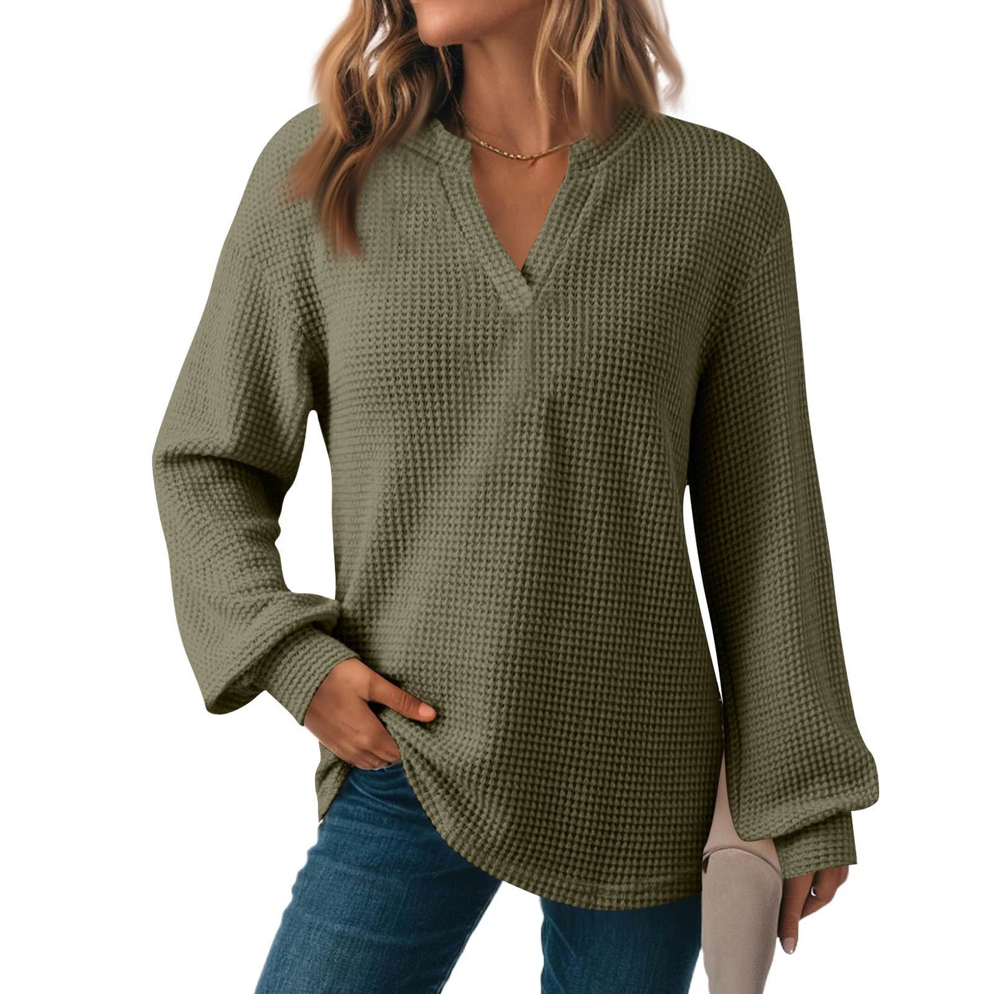 Women's Solid Color Waffle Loose Long Sleeve Women's Sweater, Sweater