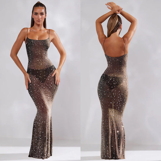 Women's Fashion Wear Pure Color Mesh Hot Drilling Sling Dresses