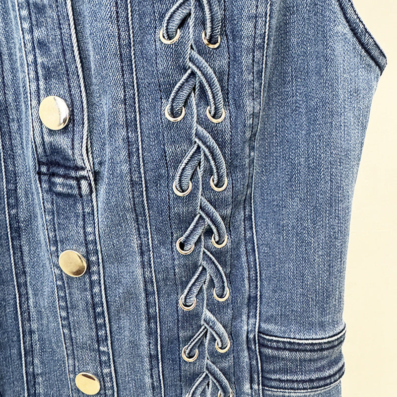 Popular Fashion Eyelet Rope Stretch Denim Dress