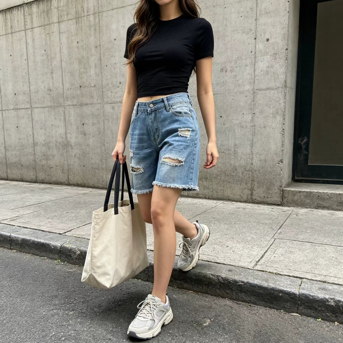 Women's Washed Frayed Cropped Denim Pleated Women's Jeans