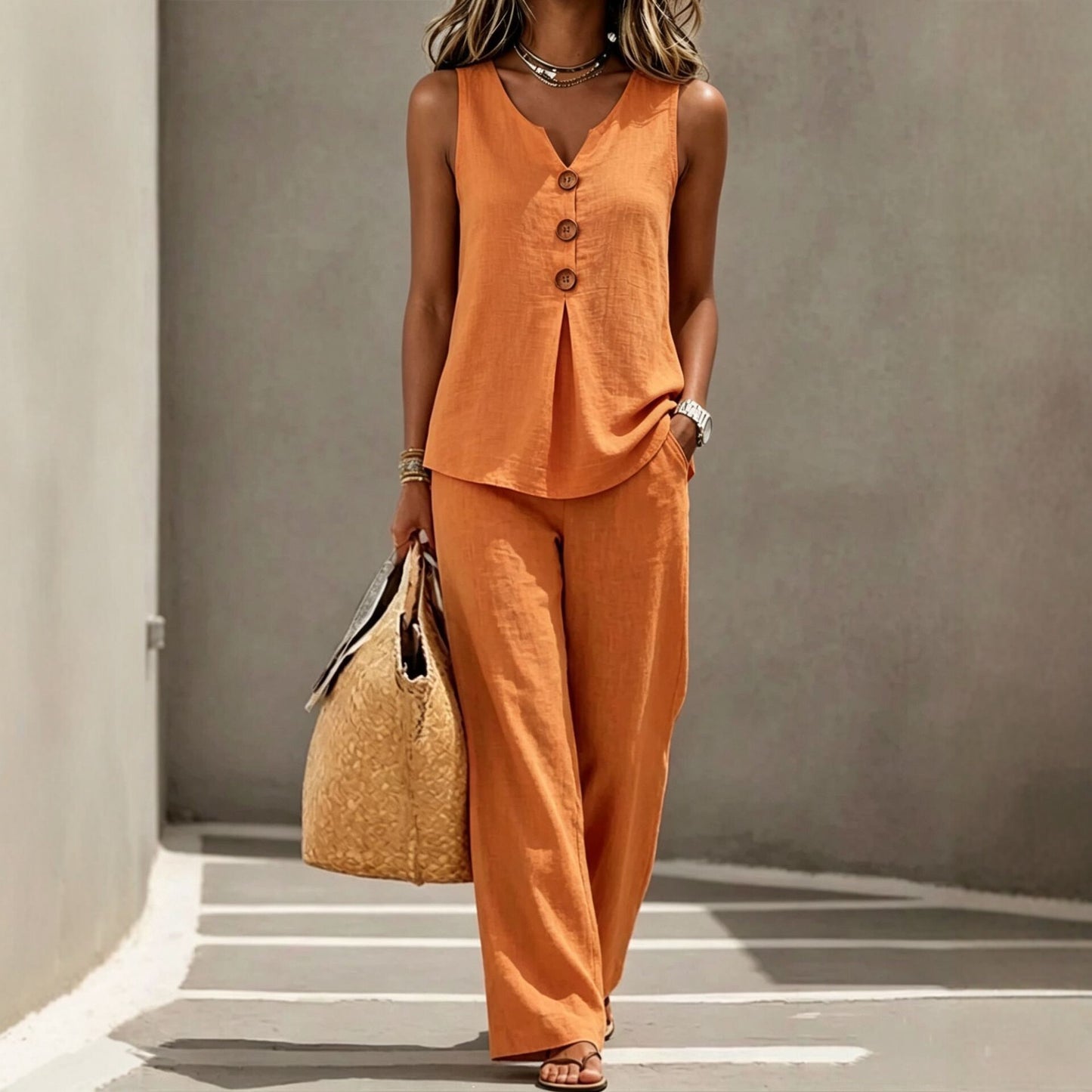 Women's Summer Cotton Linen Sleeveless Buttons Wide Fashion Casual Suit
