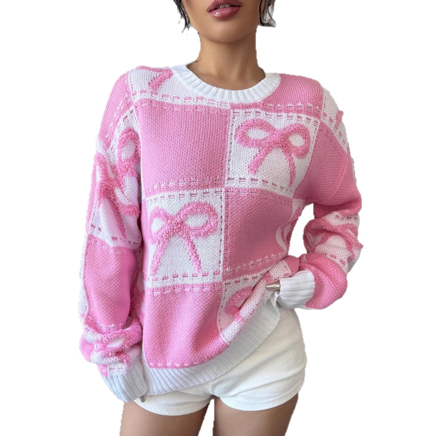 Women's Sweet Christmas Pink Bowknot Knitted Loose Sweaters